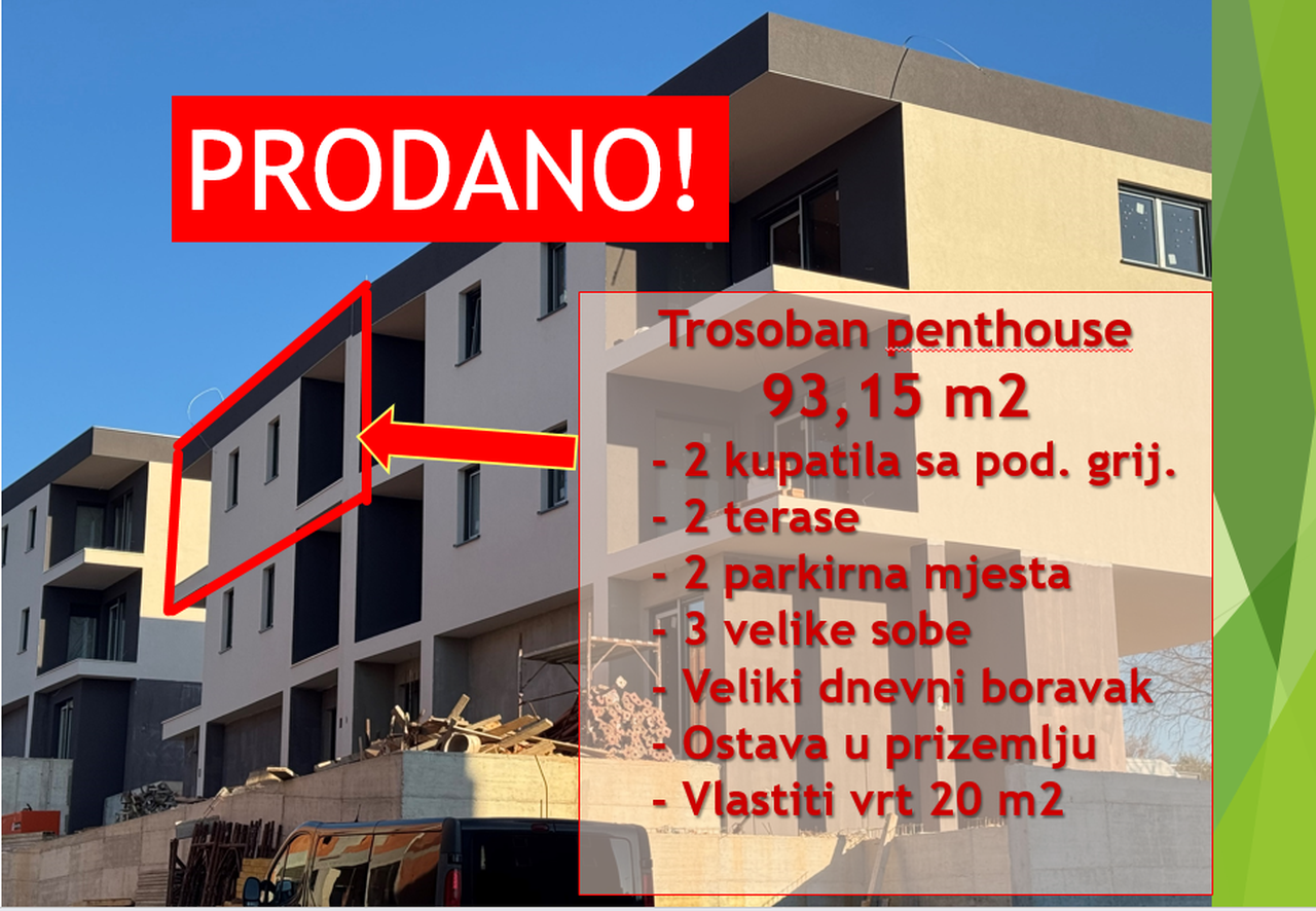 Three-room apartment - penthouse offered in Šijana (Pula) for 209,000 eur, 93,15 m2, two teraces, two bathrooms, two parking spaces, storage room, garden 20 m2!